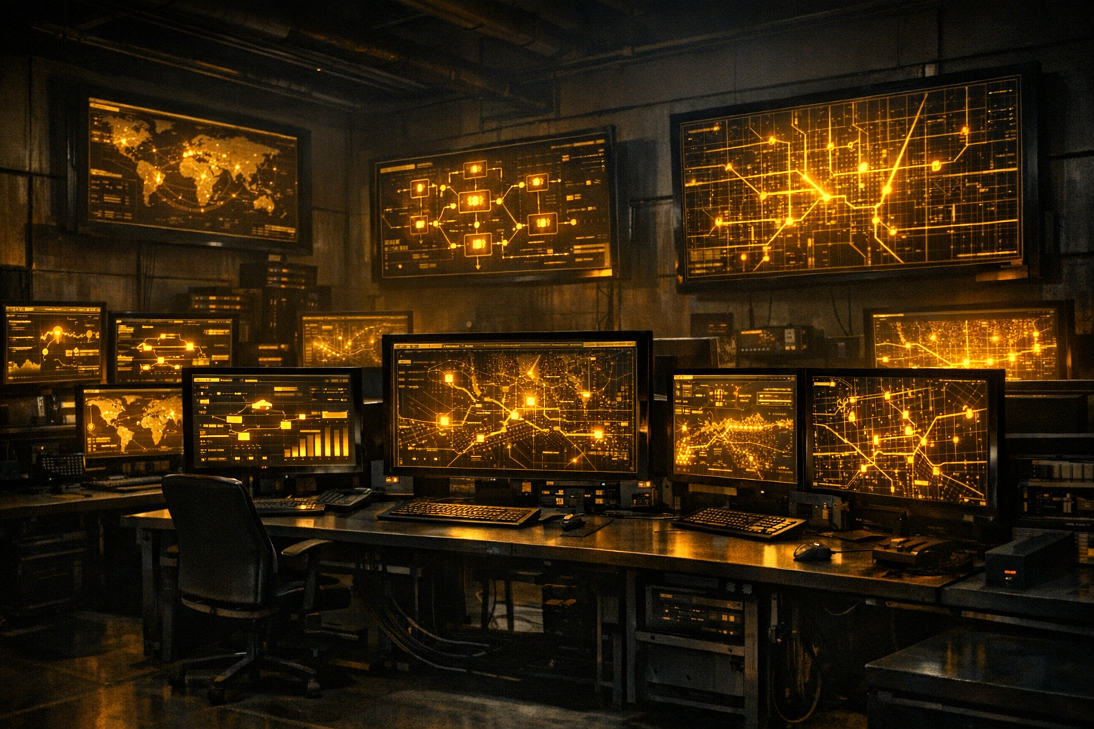 Logistics dispatch control center with tracking monitors