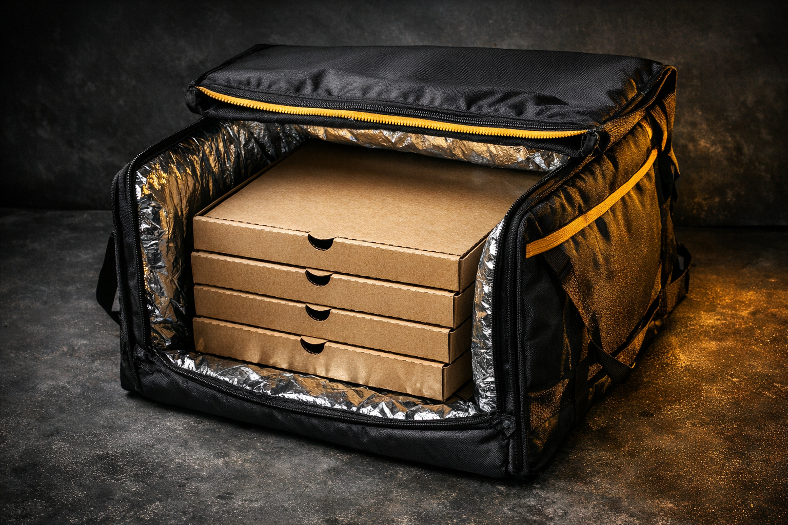 Stacked pizza boxes inside insulated delivery bag